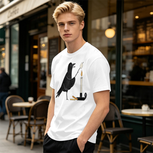 Olive T-Shirt With Crow Roasting Marshmallow Over Candle Print