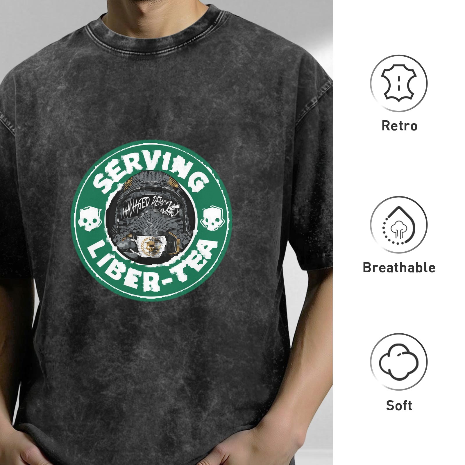 Oversized Acid Wash Graphic T-Shirt with 'SERVING LIBER-TEA' Print