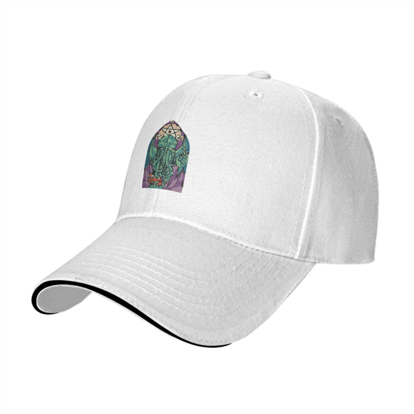 Black Baseball Cap with Cthulhu Stained Glass Style Graphic