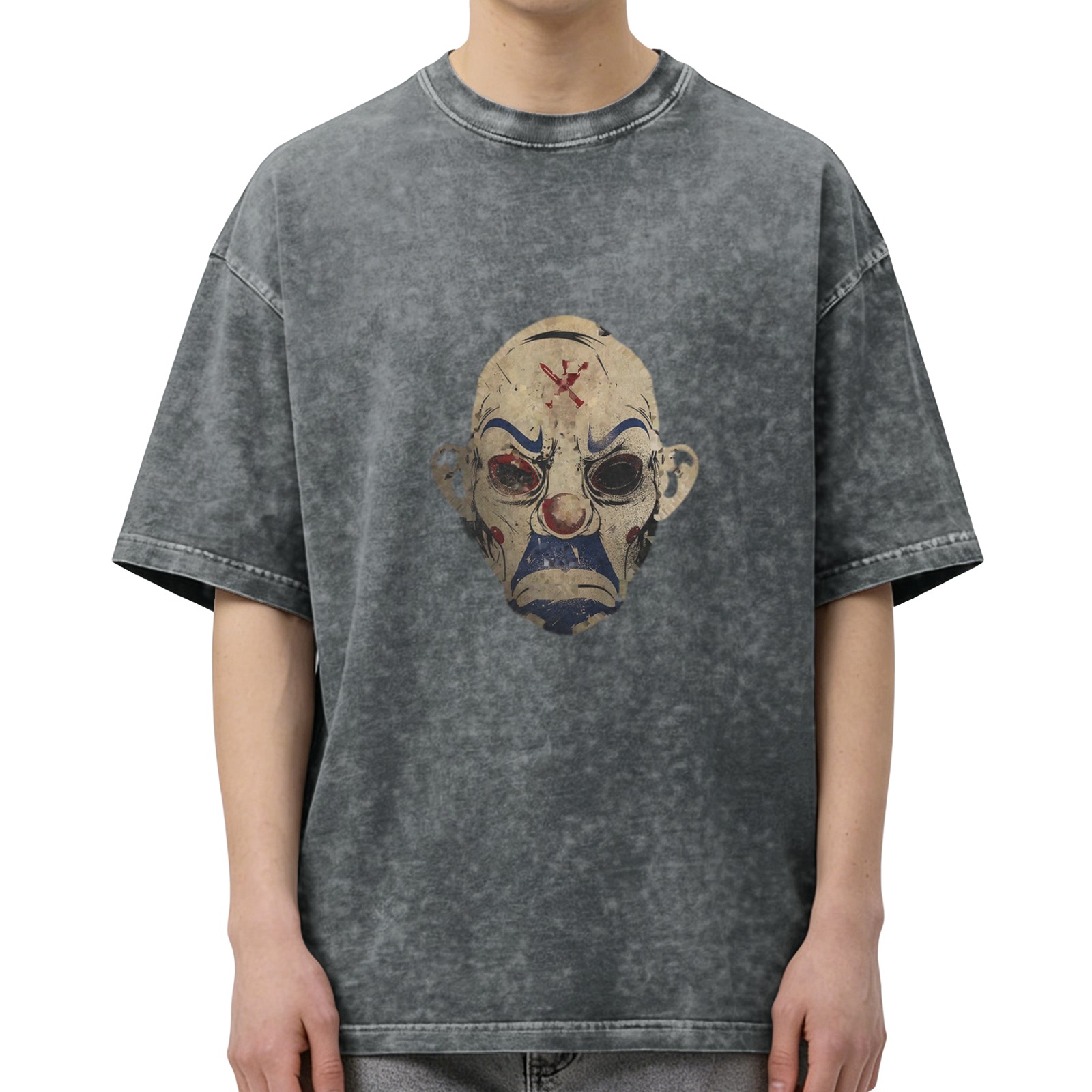 Distressed washed black loose short-sleeved T-shirt Scary clown mask printed trendy top