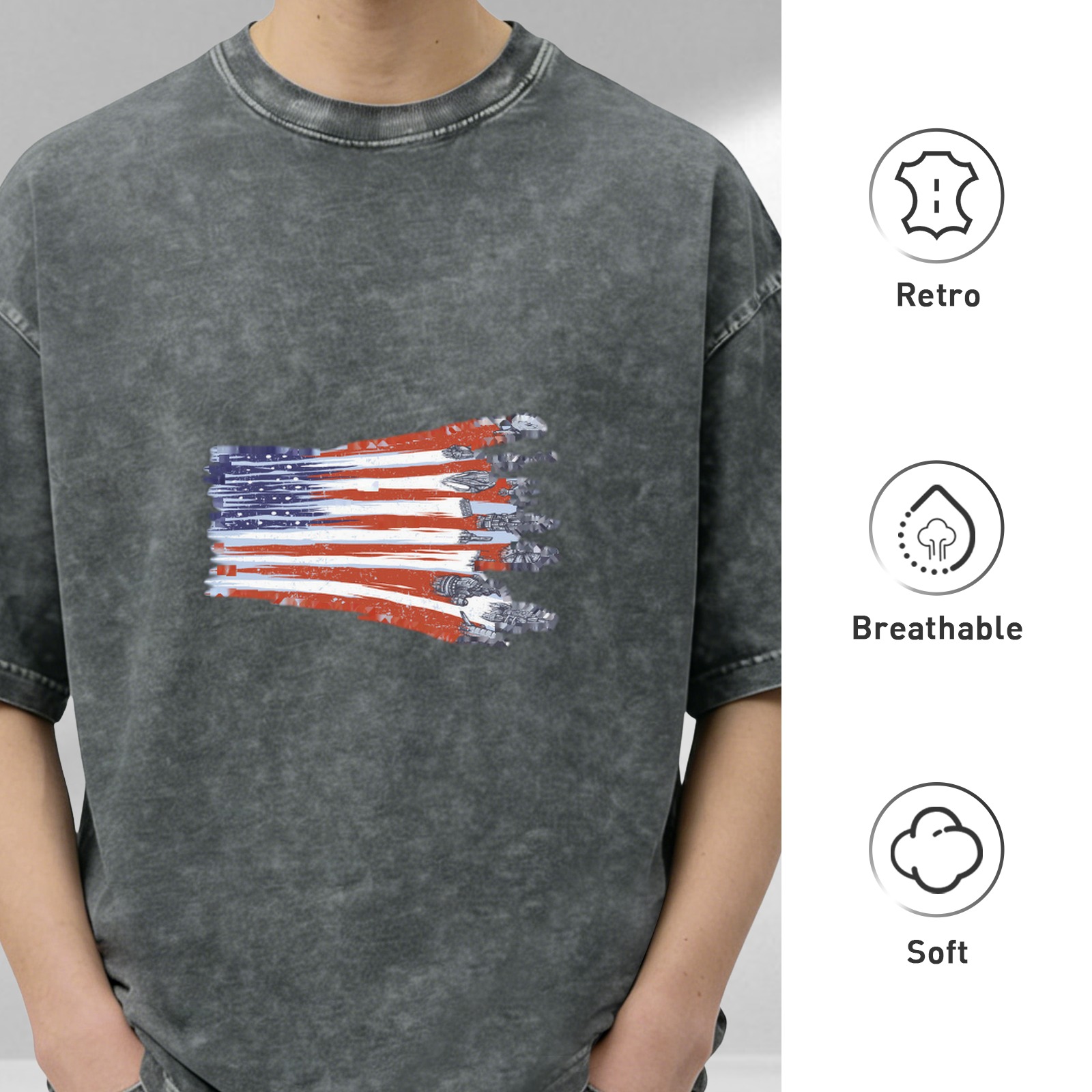 Distressed washed black American flag printed loose short-sleeved T-shirt