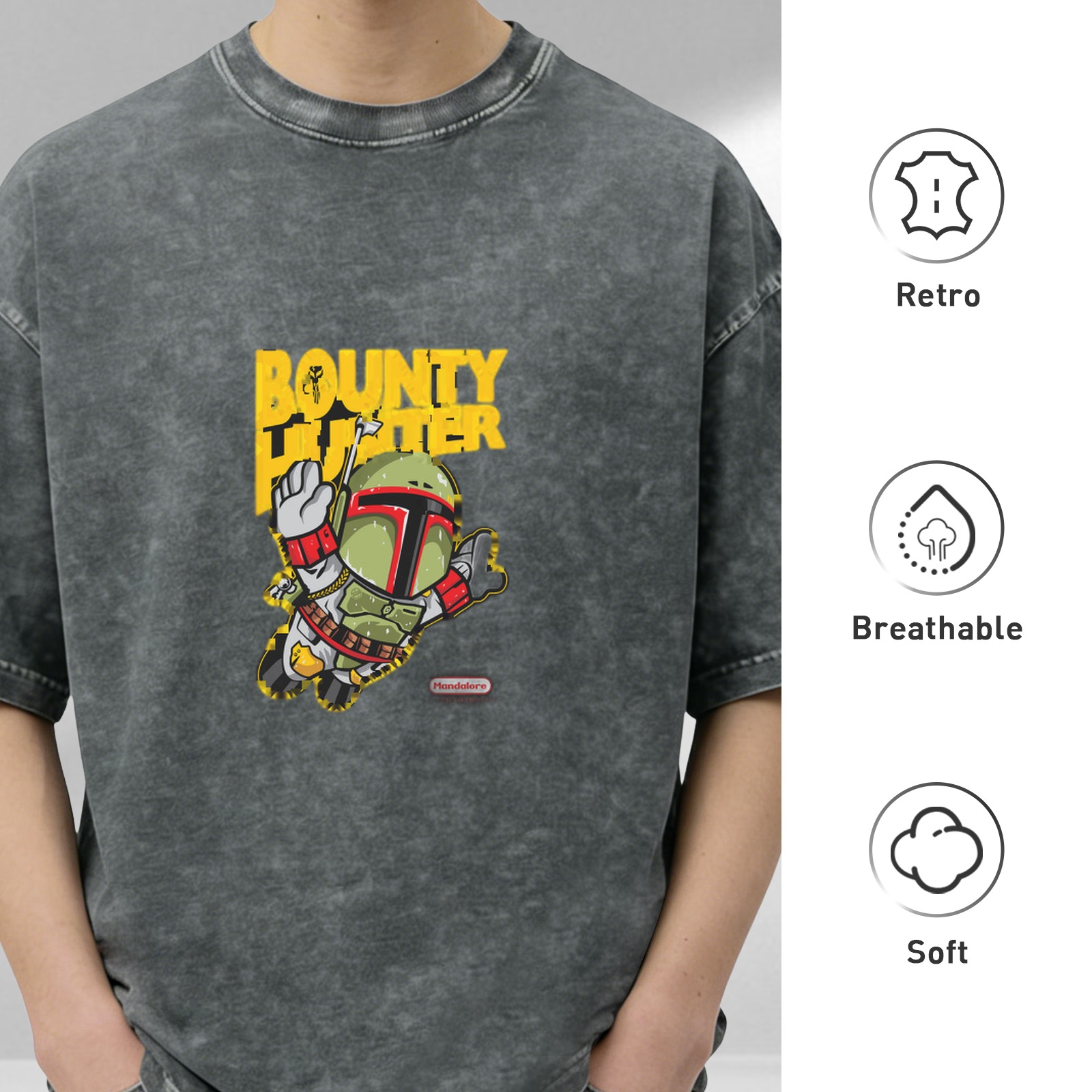 Star Wars Boba Fett Bounty Hunter Graphic Oversized Acid Wash T-Shirt