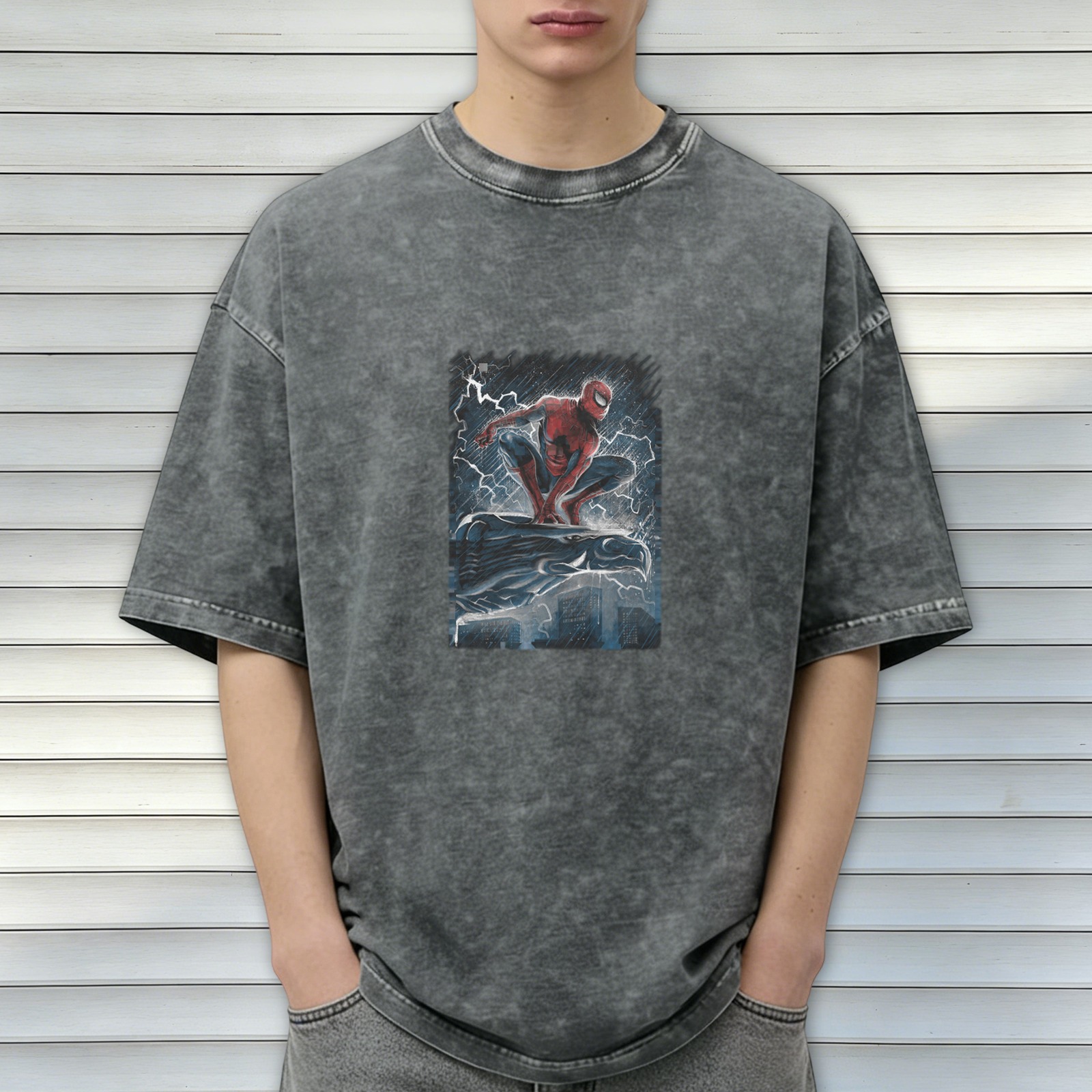 Washed Black Oversized T-Shirt with Spider-Man Storm Graphic