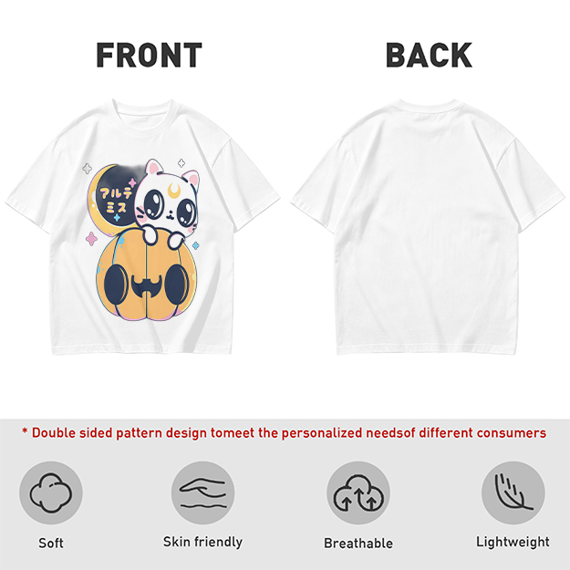 Cute white cat on jack-o'-lantern Halloween graphic tee