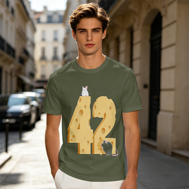 Olive T-Shirt With Cheese Number 42 And Mice Graphic