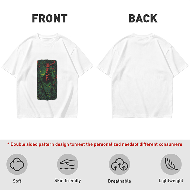 Olive anime graphic t-shirt with three dark fantasy characters