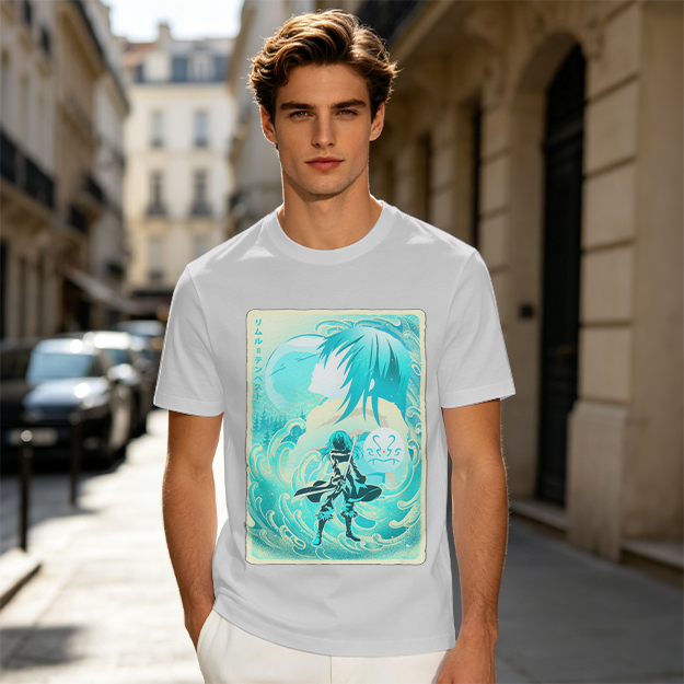 Anime character water design graphic dark green t-shirt