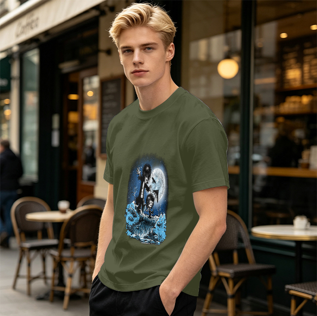 Olive T-Shirt With Gothic Moonlit Water Creature Graphic Print