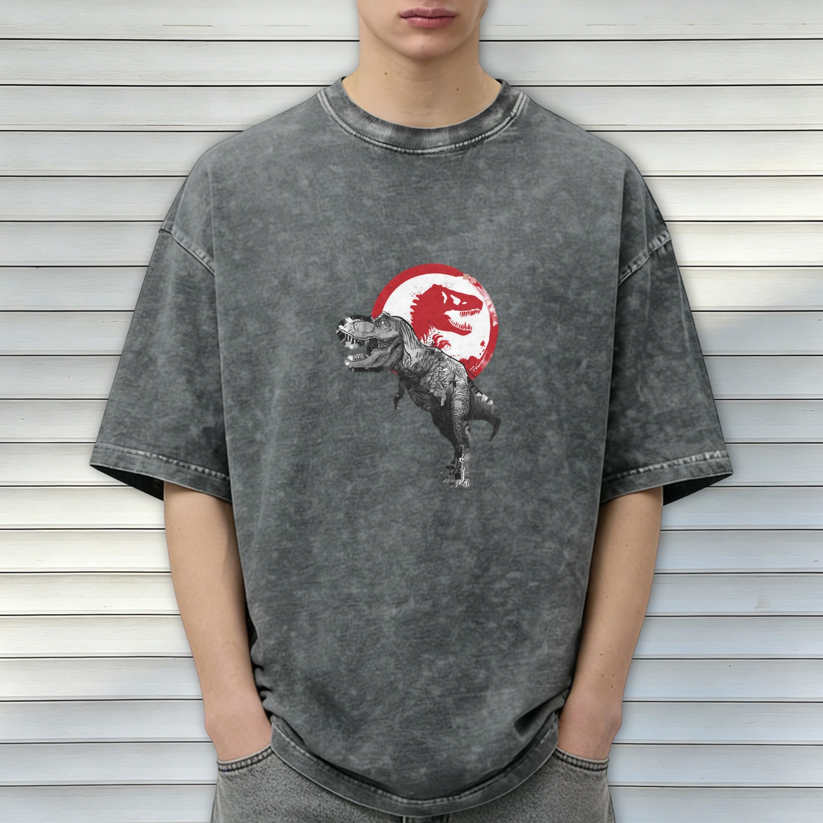Washed Black Oversized T-Shirt with T-Rex Dinosaur Graphic