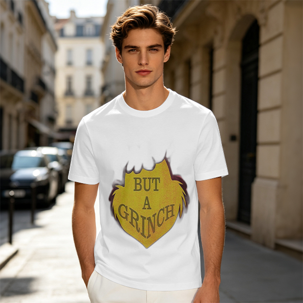Olive green t-shirt with 'But A Grinch' graphic print