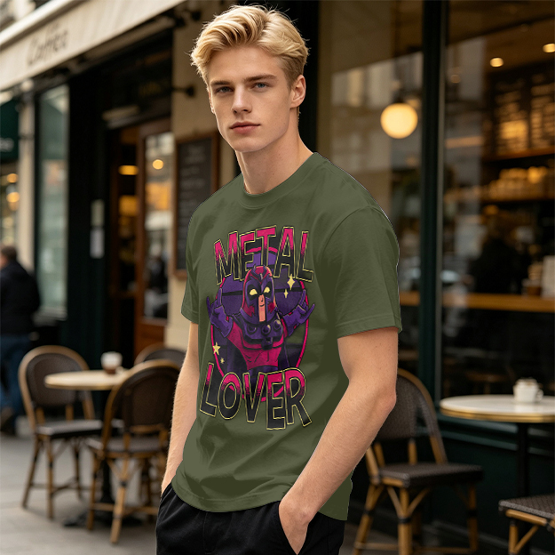 Olive Green T-Shirt with Metal Lover Super Villain Graphic