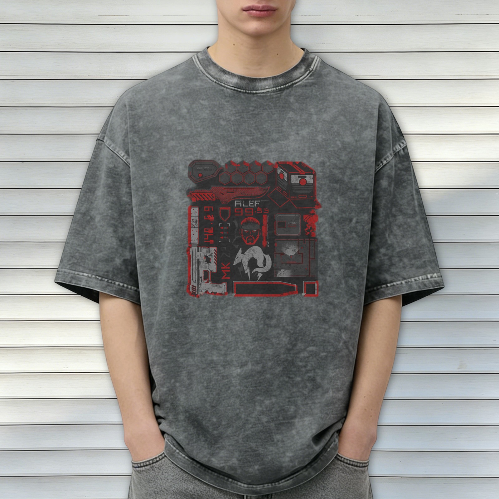 Oversized Stonewashed Black T-Shirt With Cyberpunk Tactical Graphic Print
