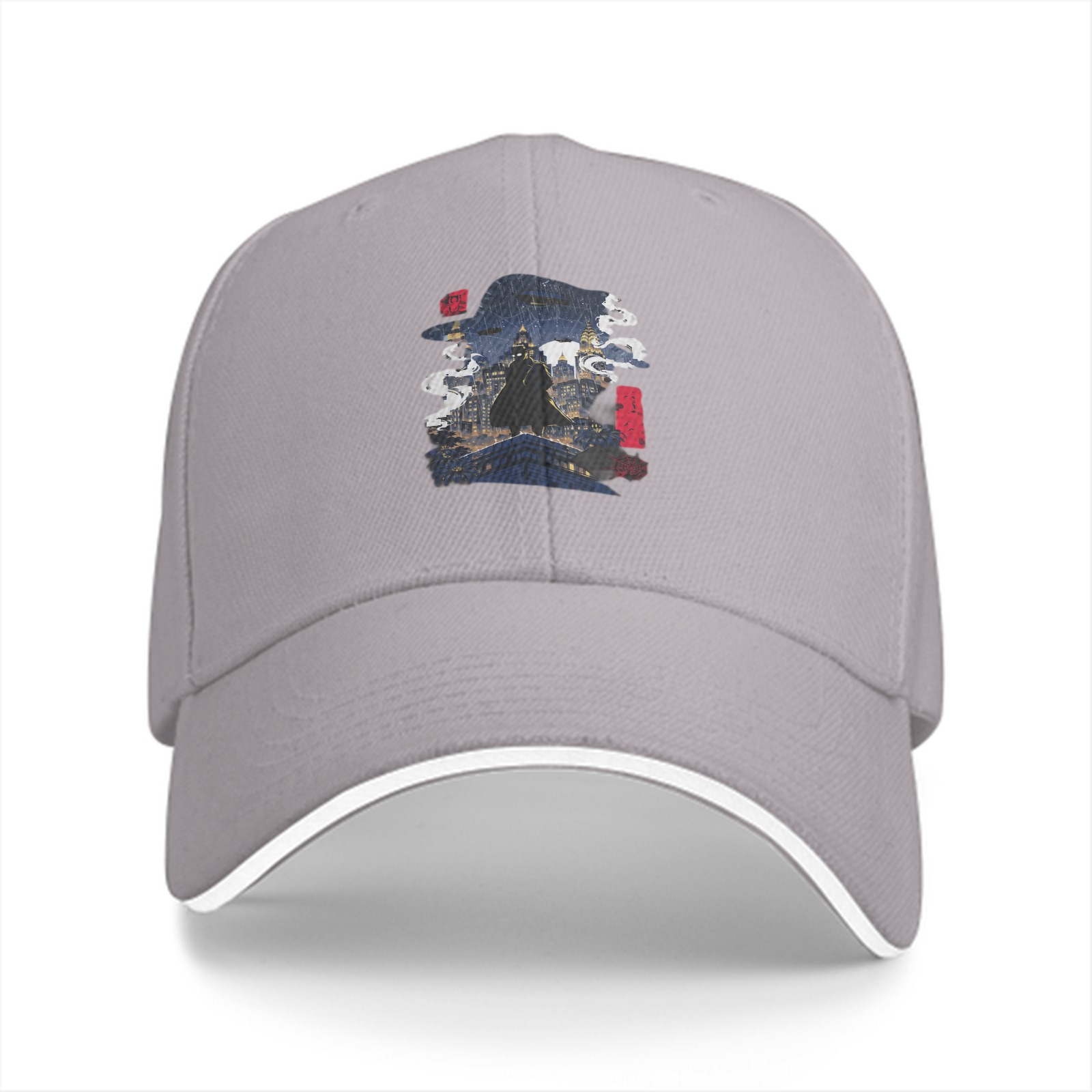 Black baseball cap with fantasy cityscape graphic print