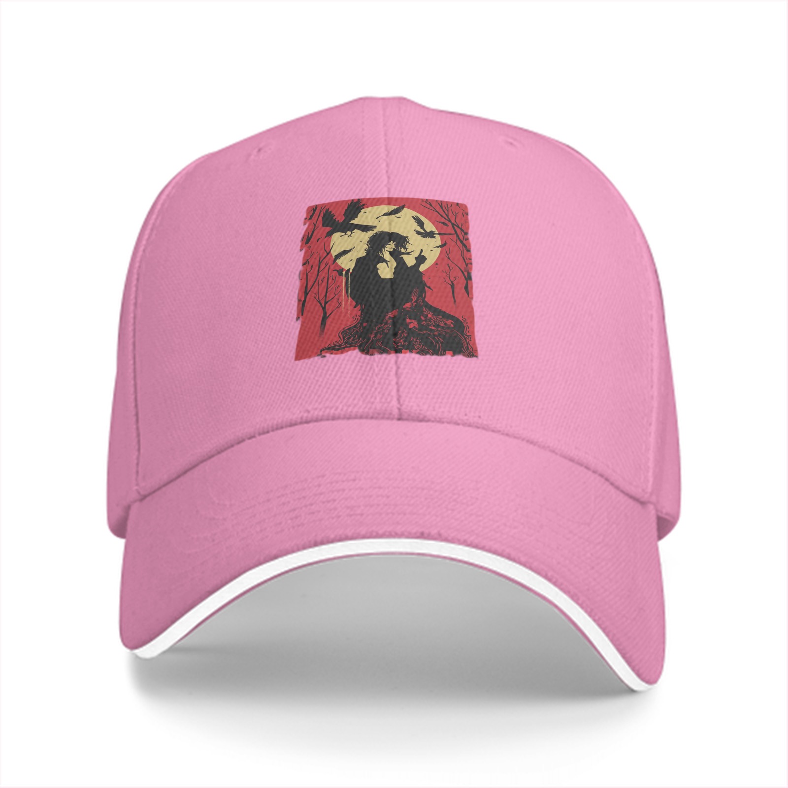 Black Baseball Cap With Red Moon Crow Silhouette Graphic