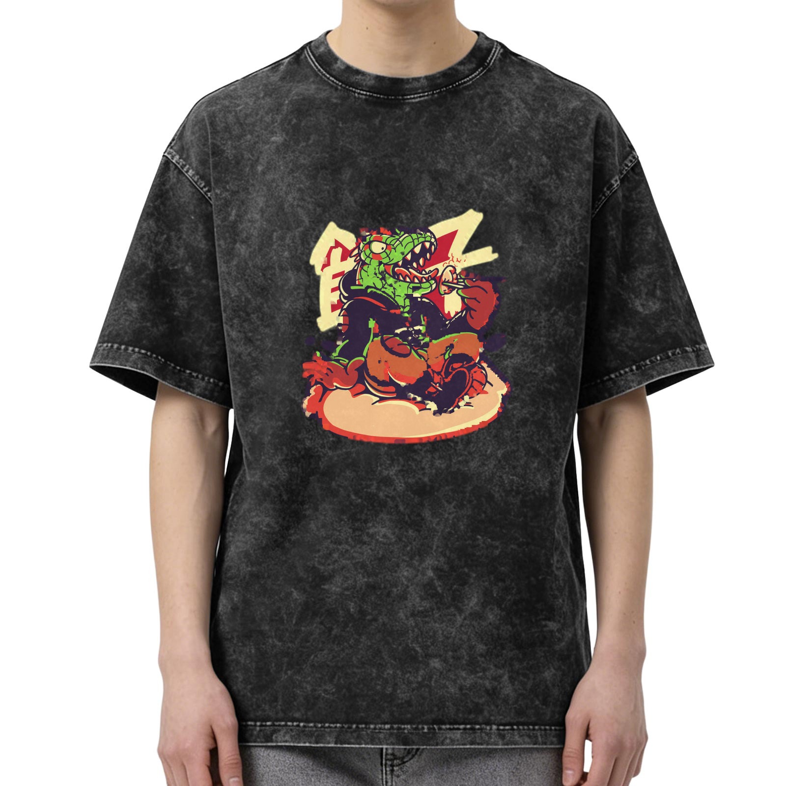 Oversized Acid Wash T-Shirt With Cartoon Crocodile Eating Burger Graphic