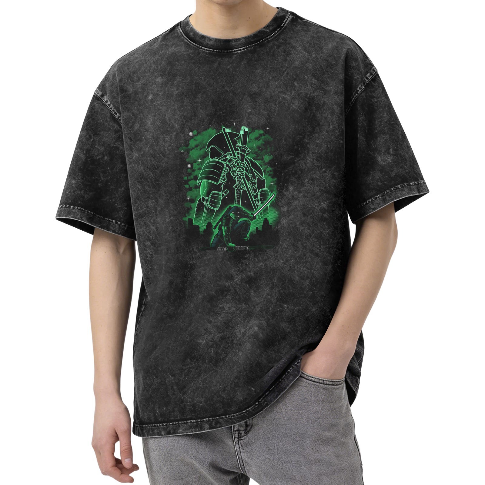 Washed Black T-Shirt with Neon Green Samurai Turtle Graphic
