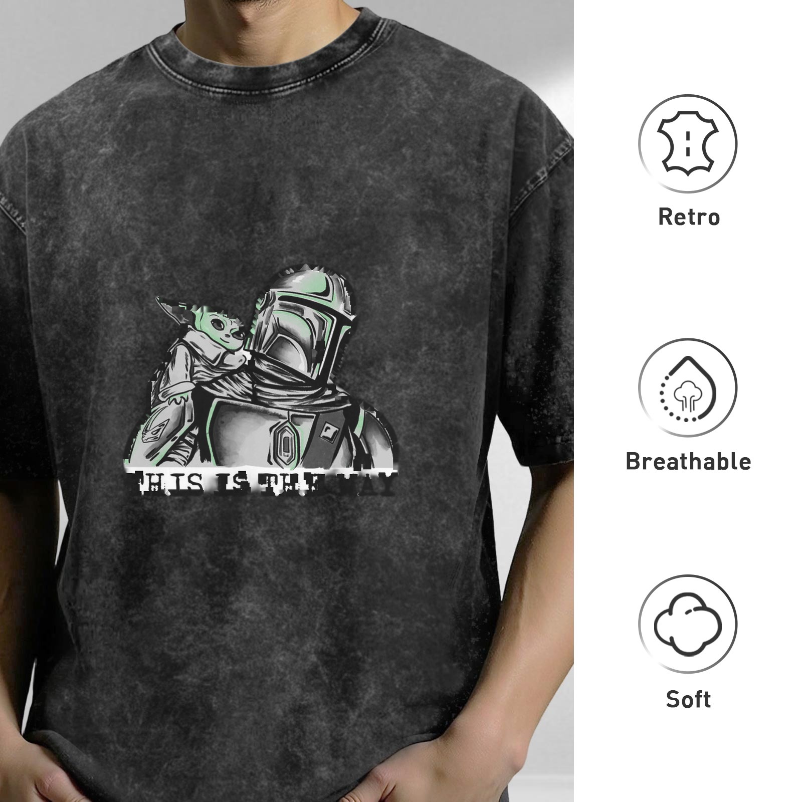 Washed Cotton T-Shirt with Mandalorian and Child Graphic