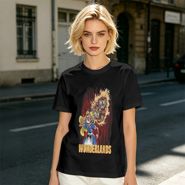 Olive Graphic Tee With Dark Wonderland Themed Cartoon Print