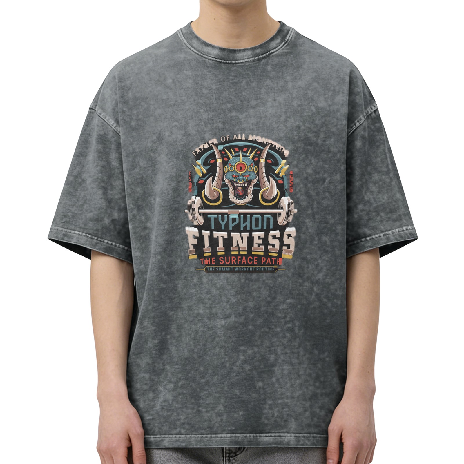 Washed Black Gym T-Shirt With Typhon Fitness Monster Graphic