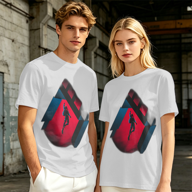 Olive T-shirt with Spider-Man mid-swing over city buildings