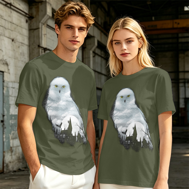 Olive Green T-Shirt With Snowy Owl Graphic Print