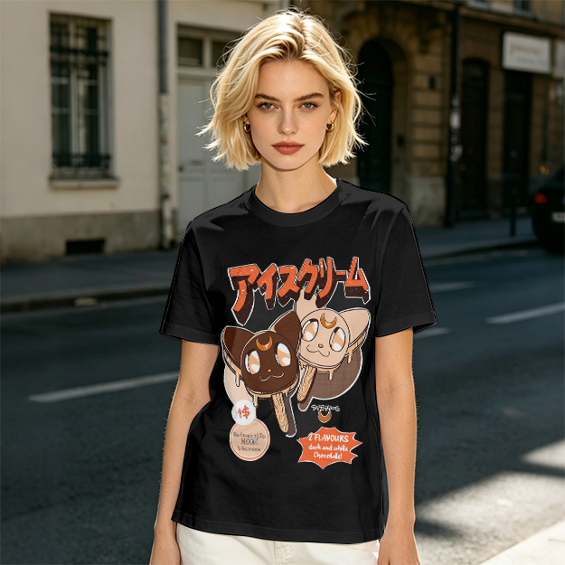 Olive T-shirt with cat ice cream popsicle graphic print