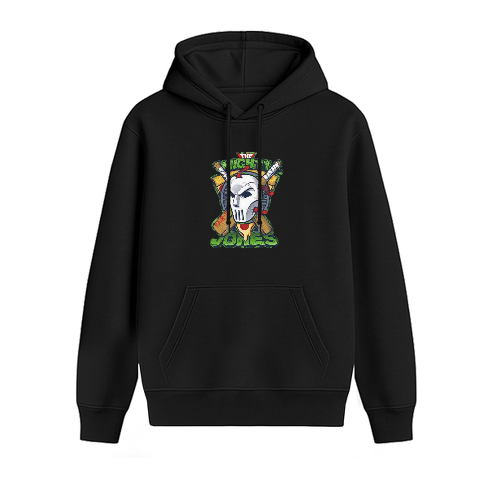 Black hoodie with Casey Jones TMNT themed graphic print