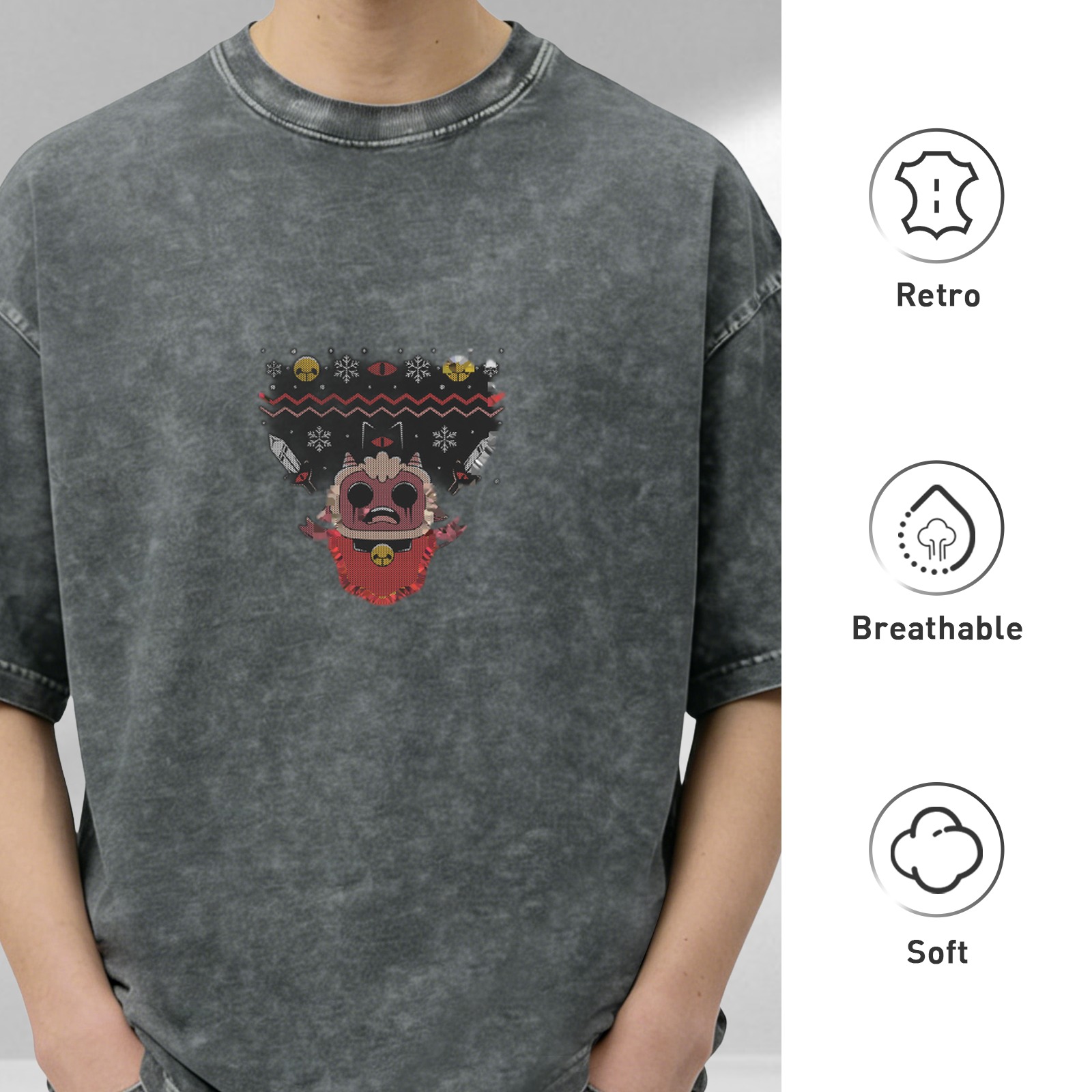 Washed Black T-Shirt With Festive Demon Graphic Print