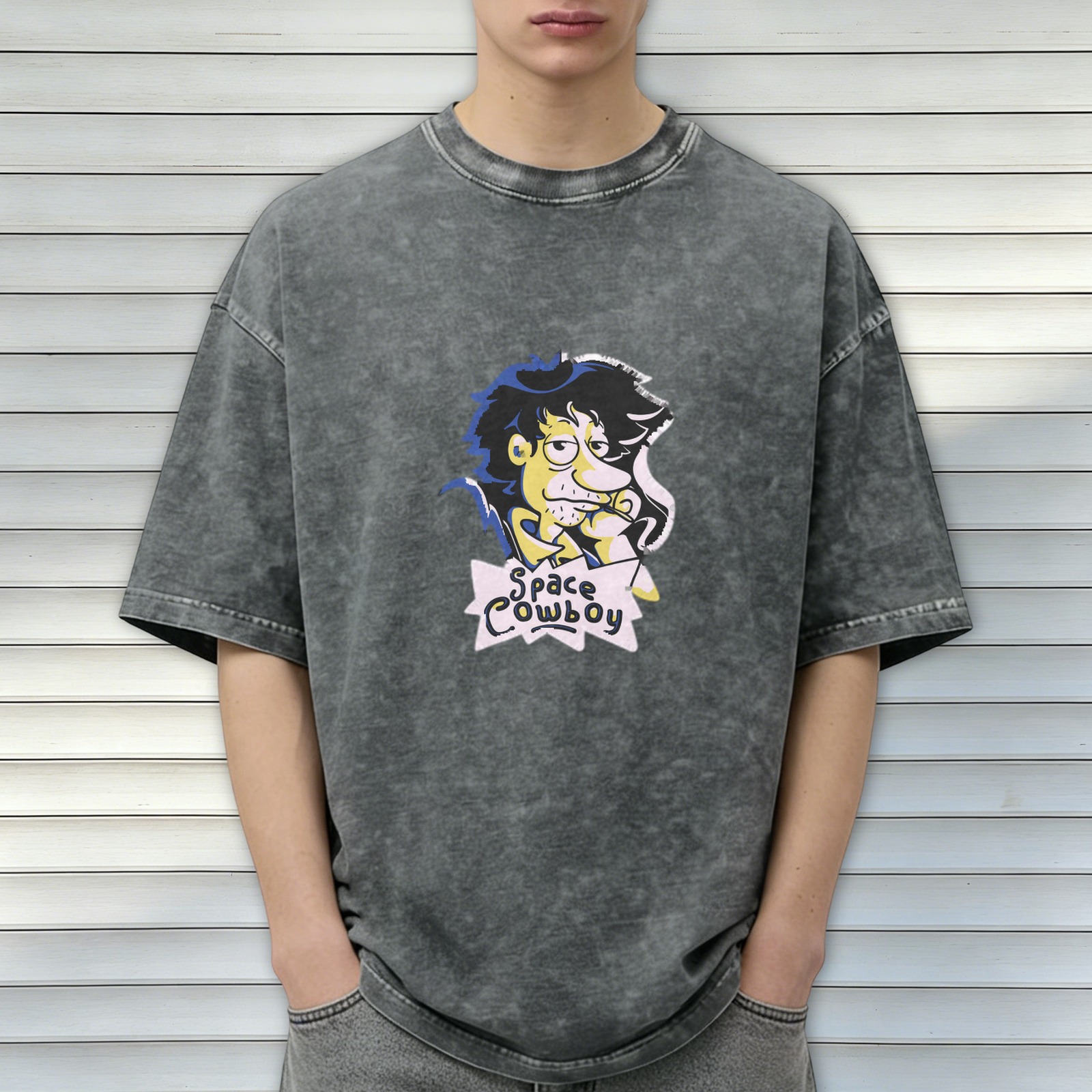 Washed Black T-Shirt with Space Cowboy Cartoon Graphic Print