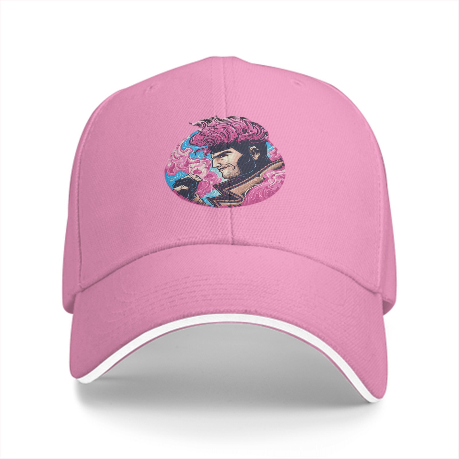 Black Baseball Cap With Pink Superhero Character Art Print