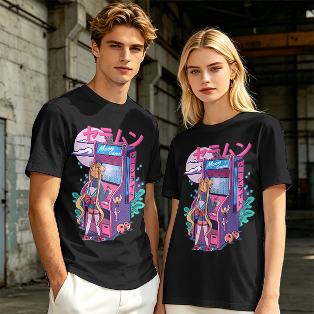Anime girl playing moon arcade game graphic tee