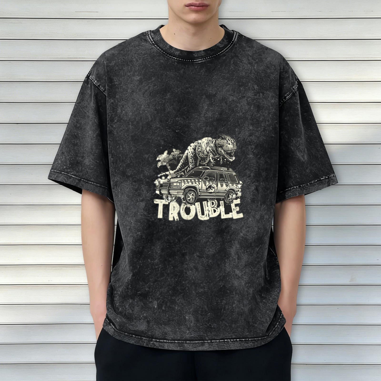 Washed Black T-Rex Dinosaur SUV Trouble Graphic T-Shirt