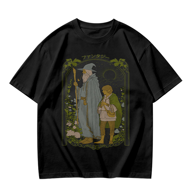 Olive T-Shirt with Wizard and Hobbit Fantasy Art Print