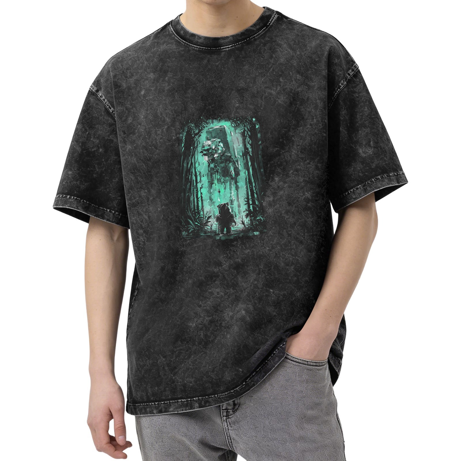 Distressed black short-sleeved T-shirt Star Wars themed forest pattern printed top