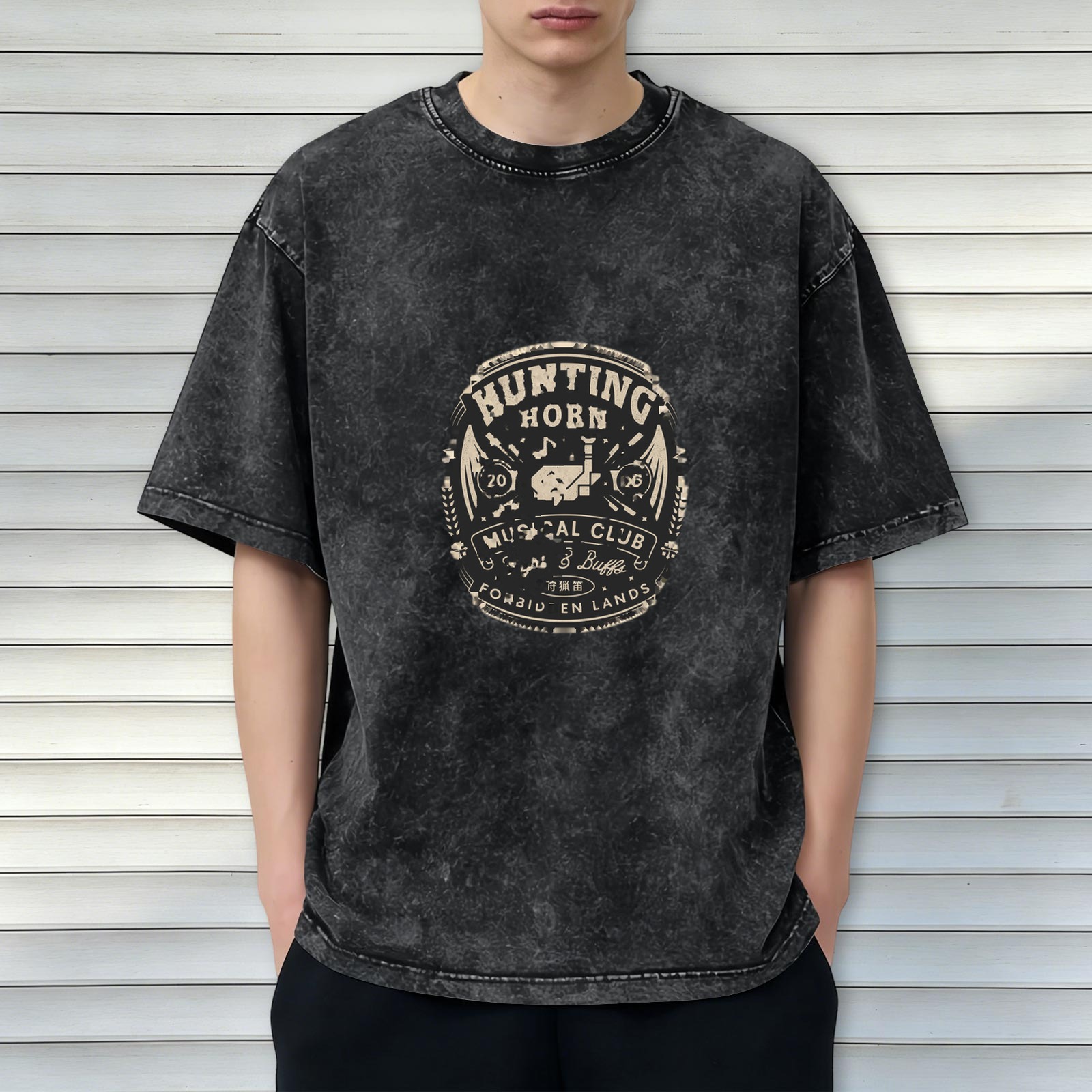 Washed Black Graphic T-Shirt with Hunting Horn Musical Club Print