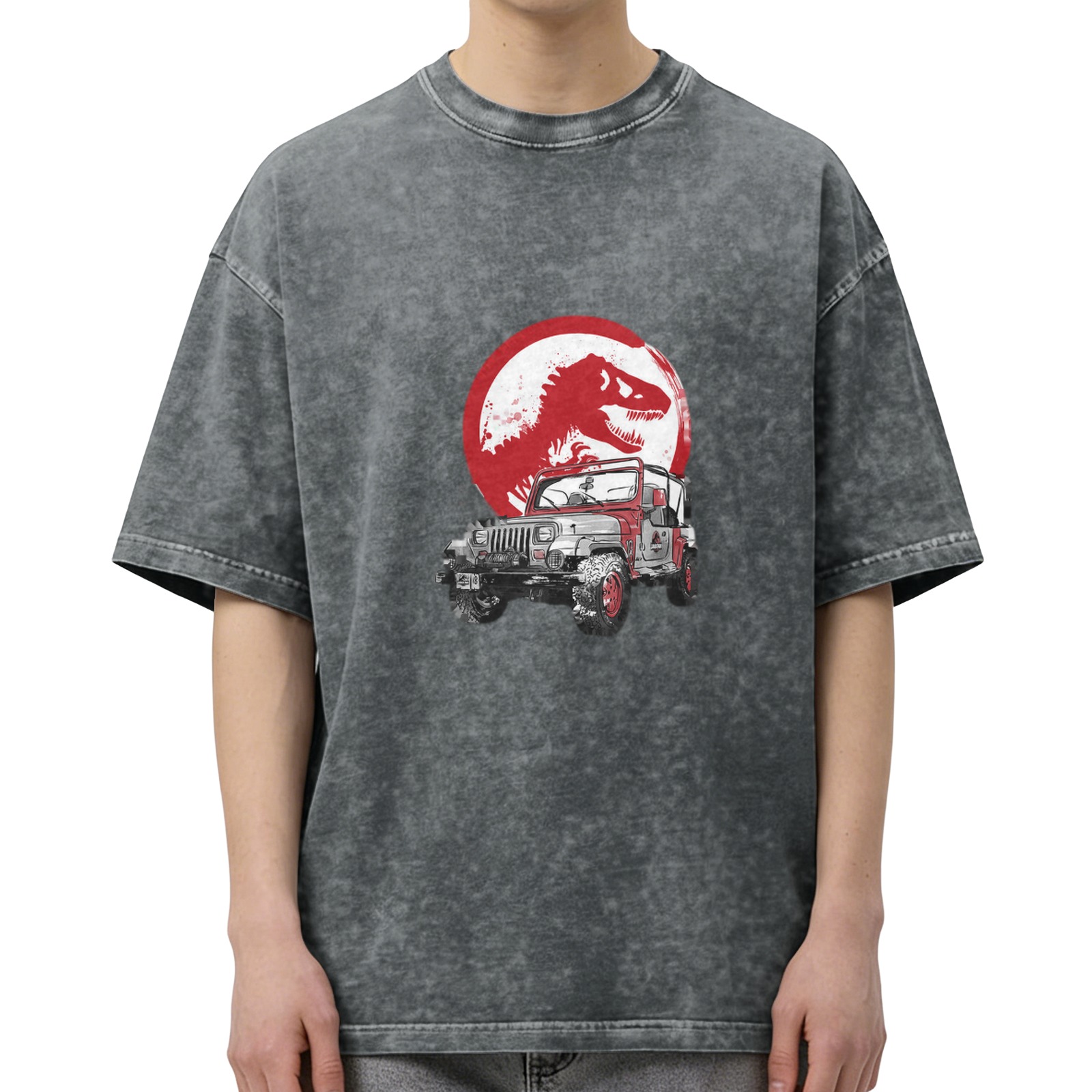 Washed Black T-Shirt with Dinosaur and Off-Road Jeep Graphic