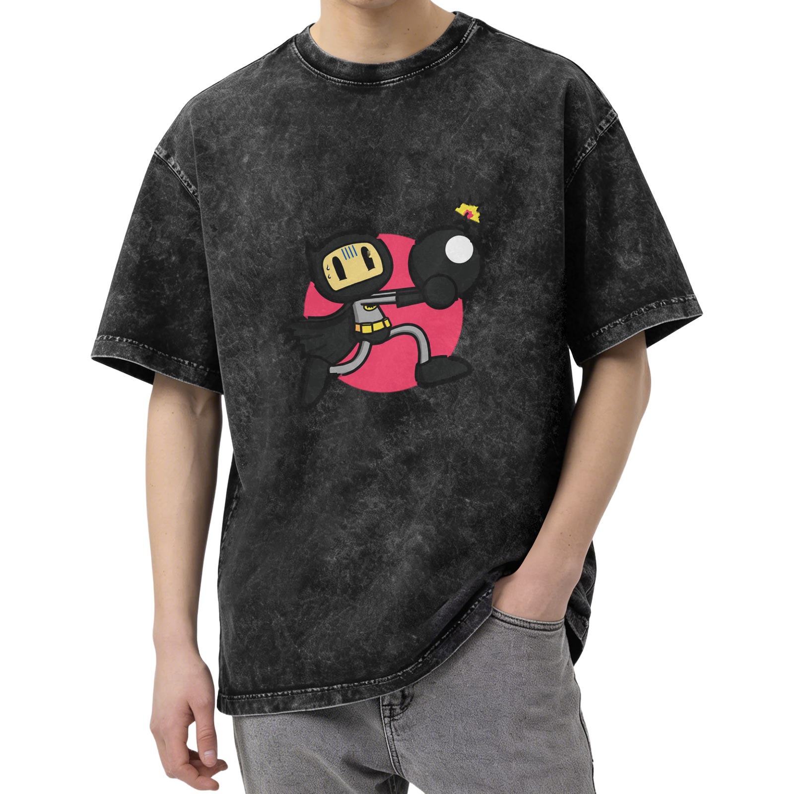 Oversized Acid Wash T-Shirt With Batman Bomber Cartoon Graphic