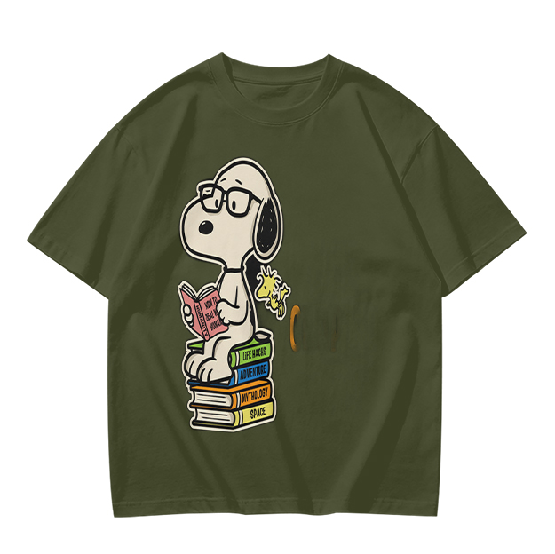 Olive T-shirt with Snoopy reading on stack of books