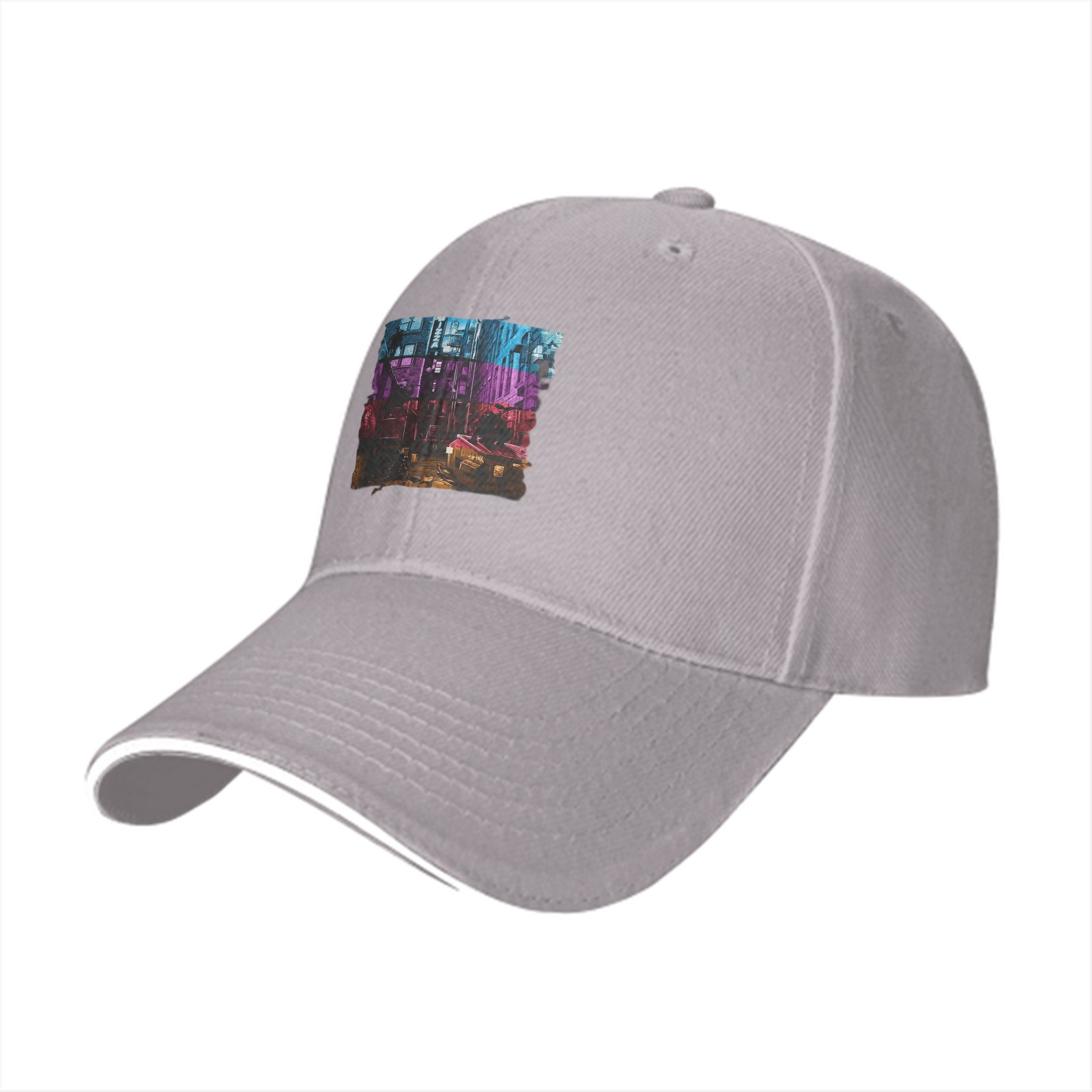 Black Baseball Cap with Neon Cyberpunk Cityscape Graphic