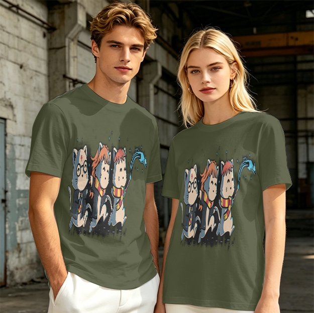 Olive T-Shirt With Harry Potter Themed Cat Trio Print