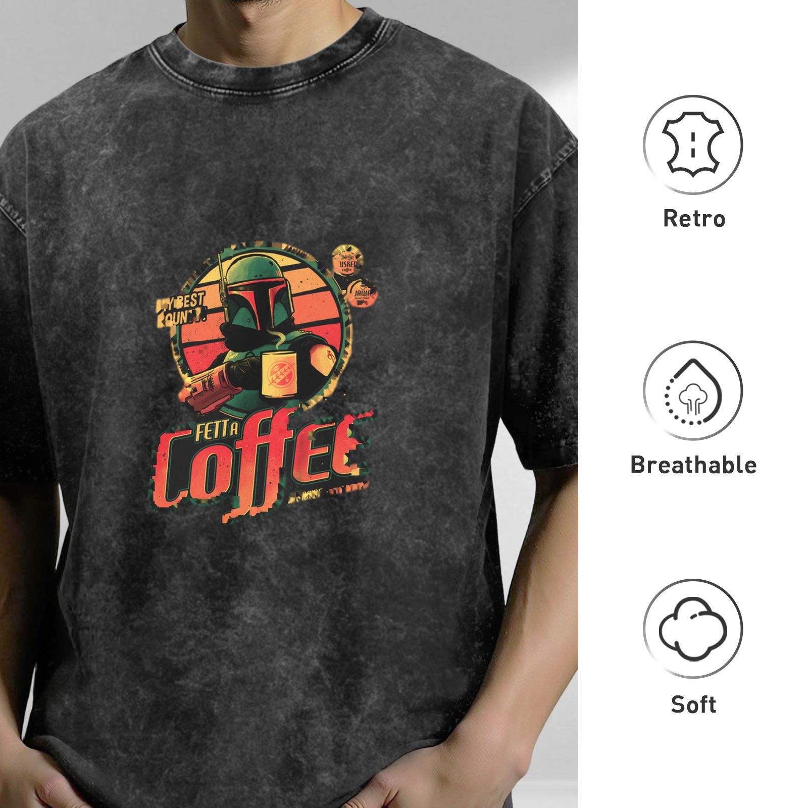 Washed Black Boba Fett Coffee Graphic T-Shirt