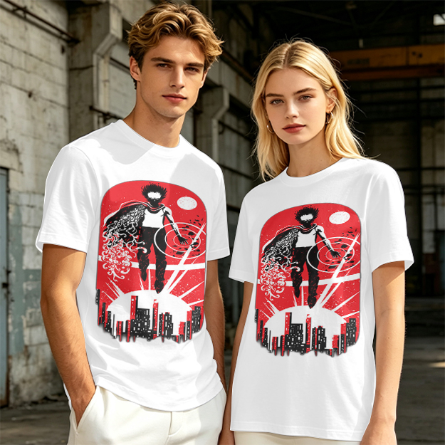 Olive T-Shirt With Anime Superhero Over City Graphic
