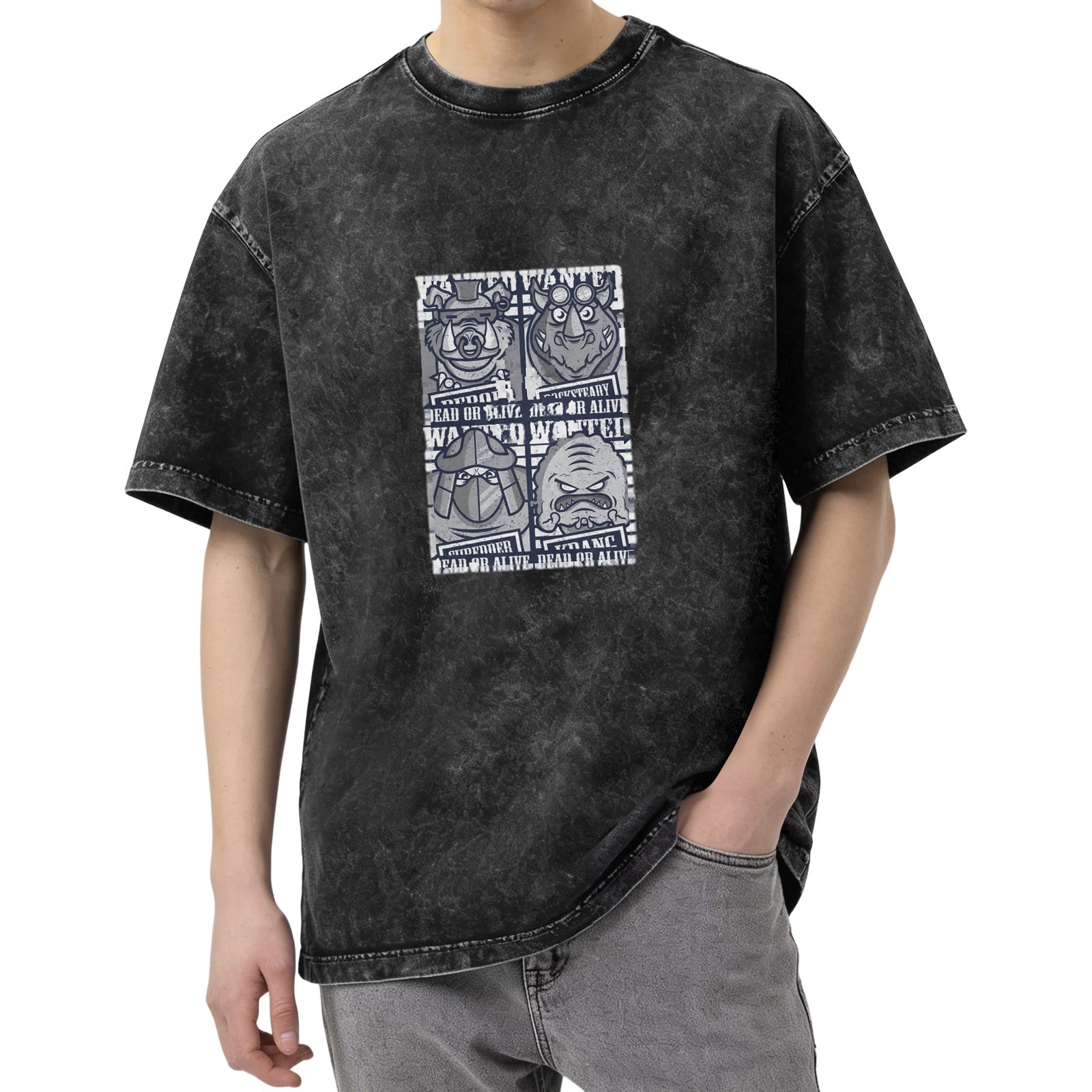 Wanted Themed Oversized Stonewashed T-Shirt With Cartoon Characters