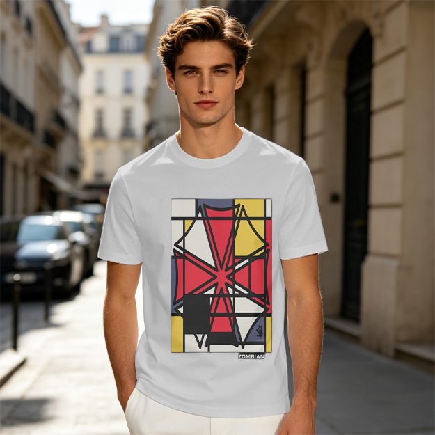 Olive T-Shirt with Mondrian-style Geometric Abstract Graphic Print