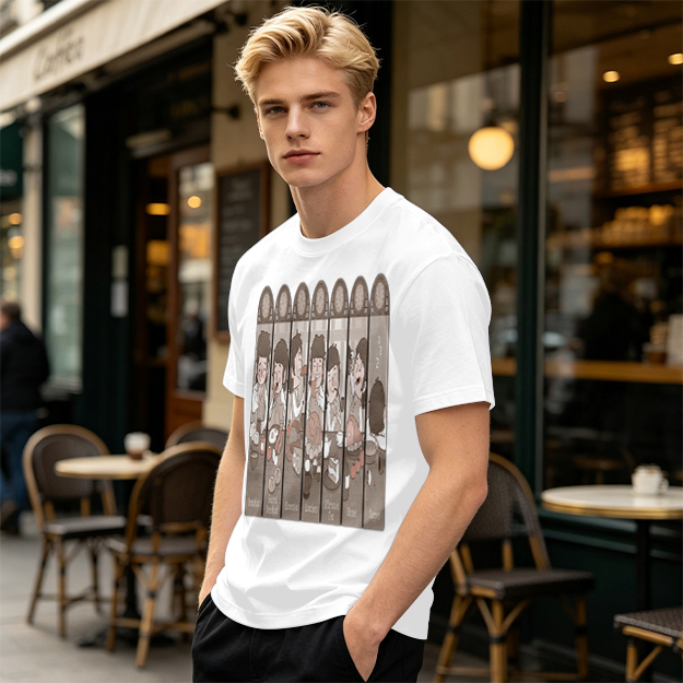 Olive green t-shirt with cartoon medieval feast scene print