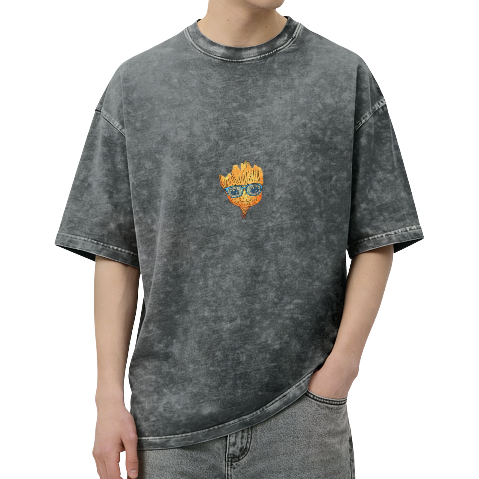 Washed black oversized t-shirt with Baby Groot graphic print