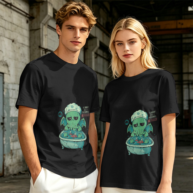 Olive T-shirt with Cute Sad Cthulhu Bathing Graphic