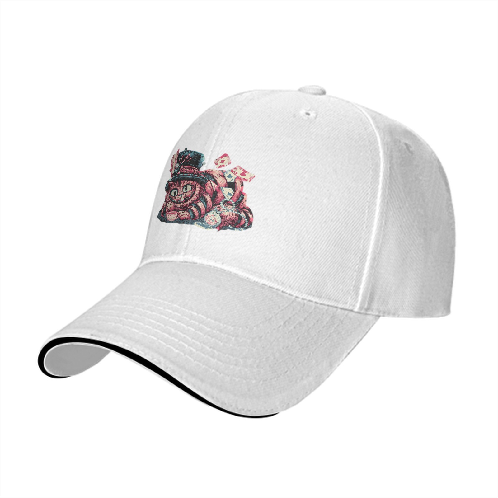 Black Baseball Cap with Whimsical Wonderland Cat Art Print