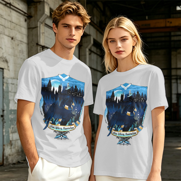 Olive t-shirt with Ravenclaw house crest night castle design