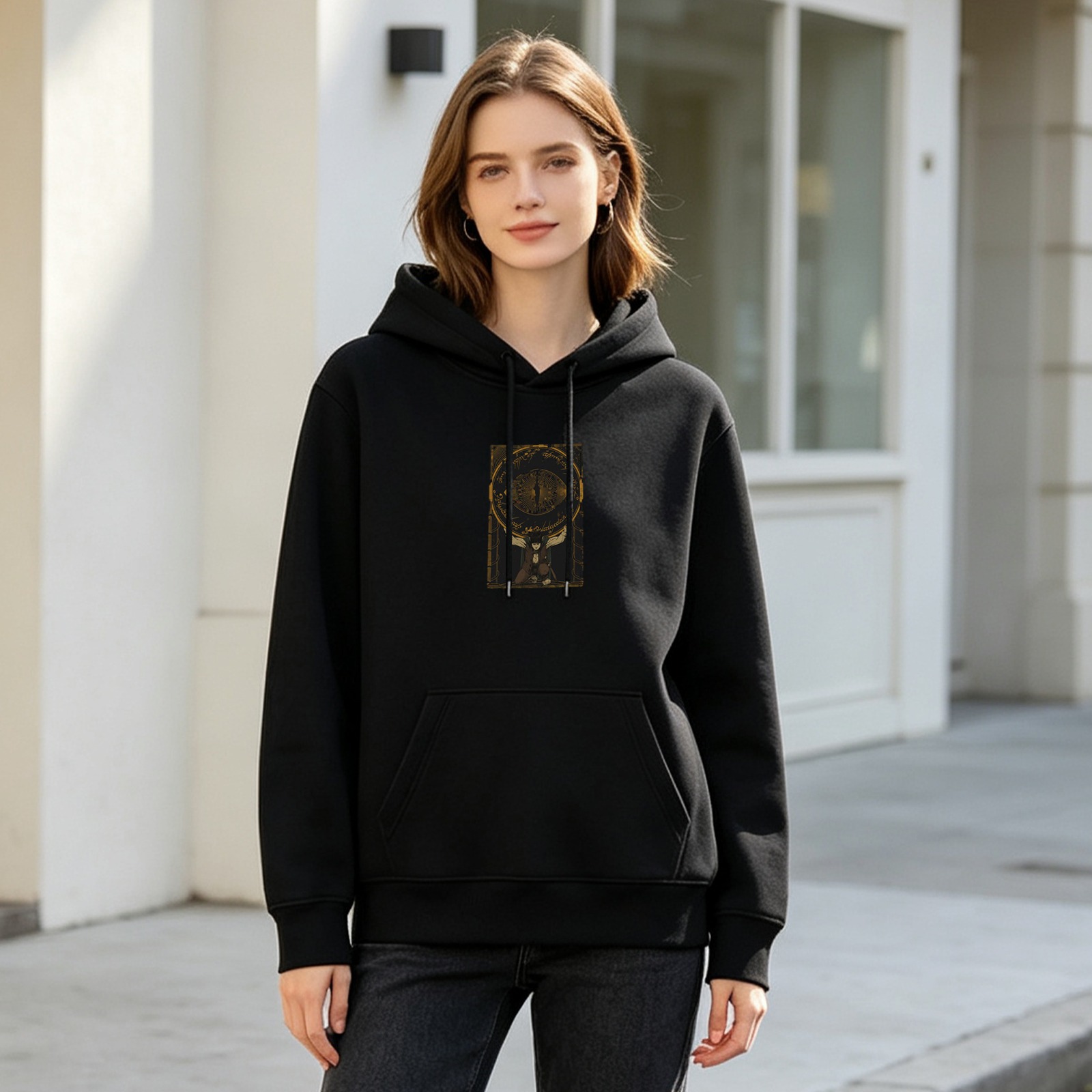Black Hoodie With Dark Golden Eye Graphic Print